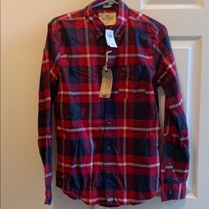 New Hollister Epic Flex Men Red Blue Plaid Shirt S